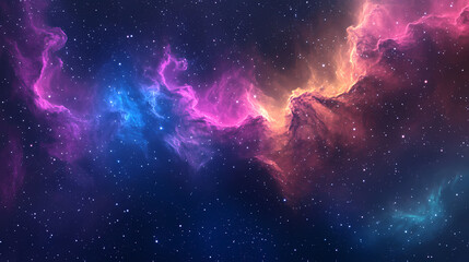 Wall Mural - Colorful wispy nebula clouds drifting through a starry night sky with a distant galaxy , nebula, colorful. Nebula Drift. Illustration