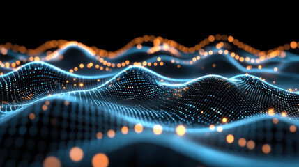 A mesmerizing, abstract landscape of glowing data waves shimmers across a dark, textured background, creating a vibrant, digital world.