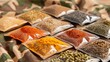 © Luis - An Array of Colorful Spices in Transparent Packets on a Camouflage Background Perfect for Culi