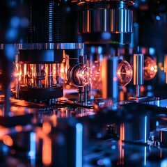Poster - High-tech automated manufacturing process.  Close-up view of intricate machinery with glowing components