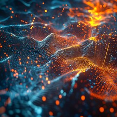 Fototapete - Abstract digital landscape of glowing particles flowing in waves, exhibiting a blend of vibrant orange and teal colors. 