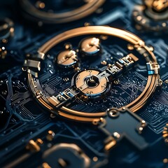 Poster - Complex, intricate, golden mechanism within a circuit board. Detailed close-up view