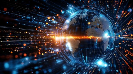 Poster - Global interconnectedness.  A digital representation of the Earth, surrounded by a network of data streams and glowing particles, illustrating global communication and interconnectedness