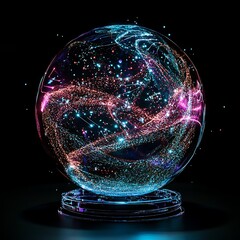 Fototapete - A mesmerizing, glowing sphere, filled with swirling, colorful particles, sits atop a transparent pedestal, against a black backdrop.  The sphere displays vibrant hues of pink, blue, 
