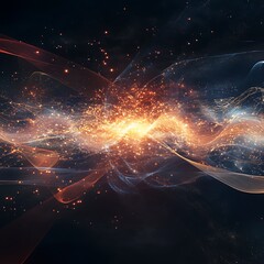 Fototapete - Abstract energy flow in space.  A mesmerizing display of vibrant, dynamic energy waves, shimmering particles, and swirling patterns against a dark backdrop.  