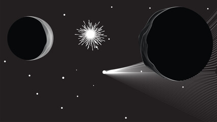 Wall Mural - star and moon and comet in outer space. futuristic landscape, with lines texture . space landscape w