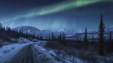 Wall Mural - alaska denali national park aurora and starry sky above road loop generative ai