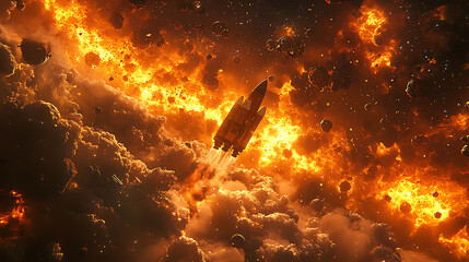 Wall Mural - Spaceship soars through a chaotic asteroid field and fiery nebulae illuminated by intense orange and yellow light capturing a sense of cosmic adventure.