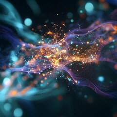 Fototapete - Abstract digital art of swirling, glowing particles.  Dynamic, colorful, and interconnected data streams create a captivating visual effect