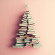 © Flux Imagery - Christmas tree constructed from stacked books with star on top against soft pink background symbolizing holiday education creativity and literary love with minimal aesthetic