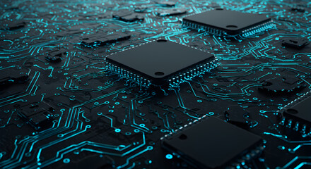 Poster - Cybernetic Circuit Board Texture in Neon Blue and Black Detailed Rendering
