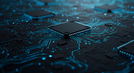 Poster - Futuristic cybernetic circuit board design with neon blue interconnecting pathways