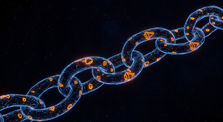 Poster - Digital blockchain visualization as glowing light trails against a cosmic backdrop