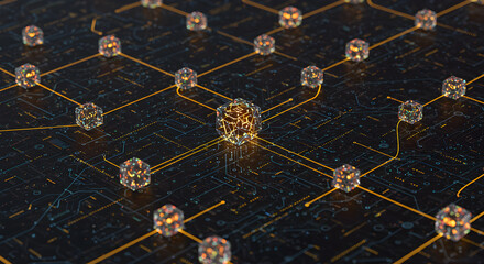 Poster - Interconnected Digital Network with Luminous Cubes and Circuitry Pattern