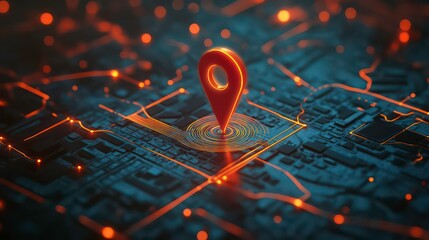 Poster - Modern red location pin on detailed map. Minimalist design for navigation apps, travel services. Pin shows destination on digital map. Helpful for planning trips, finding places. Route planning