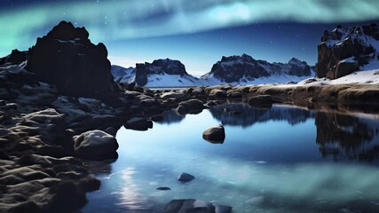 Wall Mural - iceland aurora and volcanic rock formation reflections on water tilt up generative ai