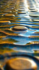 Poster - Reflective water surface with smooth stones in a tranquil outdoor setting at sunset