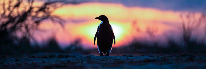 Poster - Silhouette of a penguin standing still against a breathtaking sunset backdrop