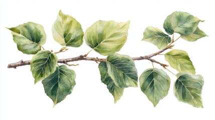 Watercolor-style birch tree branches and leaves, isolated on a transparent background for design purposes
