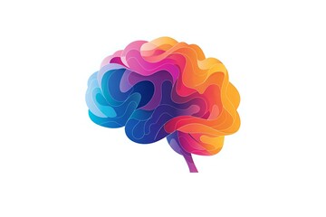 Poster - Colorful gradient brain silhouette in vibrant rainbow colors showing fluid waves and layers, representing creativity, intelligence and mental health on white background.