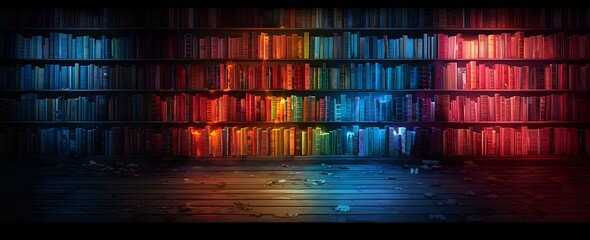 Poster - Dramatic library interior with colorful illuminated bookshelves glowing in rainbow spectrum from blue to red, creating mystical atmosphere on dark wooden floor.