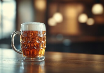Poster - Refreshing mug of beer sitting on bar counter in cozy pub