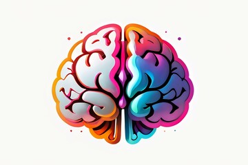 Poster - Colorful brain illustration showing creative and analytical thinking hemispheres in vibrant gradient colors from pink to blue, orange and purple on white background.
