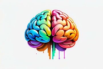 Poster - Colorful brain illustration with rainbow gradient and dripping paint effect on white background, representing creativity, innovation and cognitive function.