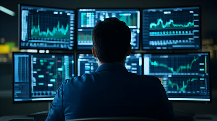 Poster - Man Focused On Multi Screens Of Financial Data Display