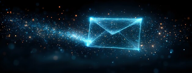Poster - Digital envelope symbol glowing in neon blue light with sparkles and particles on dark background, representing electronic mail communication technology.