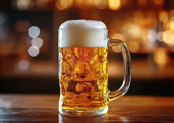 Poster - Refreshing mug of beer resting on bar counter with blurred background