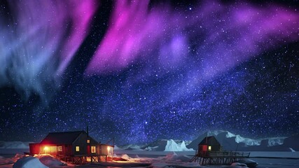 Wall Mural - north pole fishing cabin and aurora reflections time lapse sky generative ai