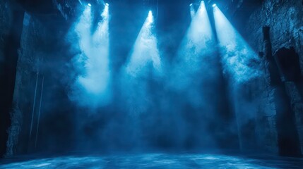 Poster - Dramatic stage illuminated by intense blue spotlights. Smoke fills air creating ethereal atmosphere. Image suggests live performance event. Perfect backdrop for products, models advertising, for