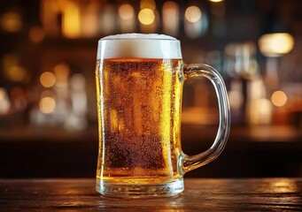 Poster - Refreshing mug of beer sitting on wooden bar counter with blurred background