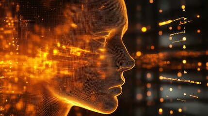 Poster - Virtual assistant generates voice as sound wave visualization. AI-based virtual assistant shows human face in wireframe style with glowing orange data points. Sound waves visible in background.