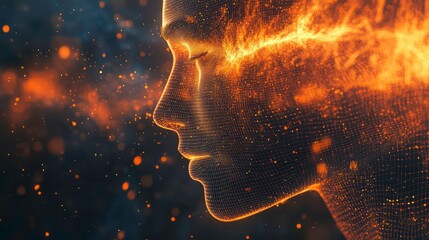 Poster - Virtual assistant generates voice as sound wave visualization. AI-based virtual assistant shows human face in wireframe style with glowing orange data points. Sound waves visible in background.