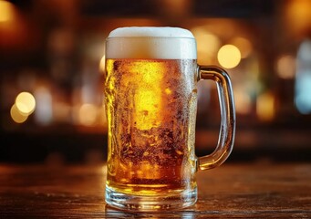 Poster - Refreshing mug of cold beer sitting on wooden bar counter with blurred background