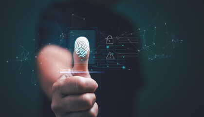 Aufkleber - Biometric identity verification and access password for security system technology. Thumbs up with virtual fingerprint to scan biometric identity. Access password for security system prevent hacker.
