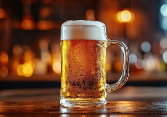 Poster - Refreshing mug of cold beer standing on bar counter with blurred background