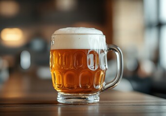 Poster - Large beer mug overflowing with foam sitting on bar counter