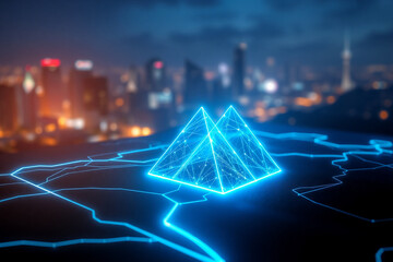 Poster - glowing pyramids on a map-like surface under a night sky with a city skyline. blue lines suggest dig