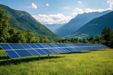 Wall Mural - stunning aerial view of solar panels in a green field surrounded by forest and majestic mountains