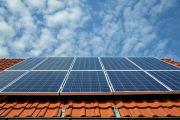 Wall Mural - solar panels installed on a german home with red roof tiles under a clear blue sky