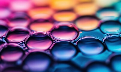 Poster - A vibrant close-up of water droplets showcasing a spectrum of pink, purple, and blue reflections.