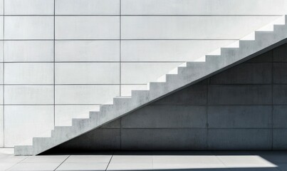Poster - A striking concrete staircase ascends against a tiled wall in an architectural marvel, bathed in light.