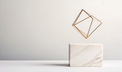 Poster - Golden wireframe polyhedron floats above a marble cube in a modern and minimalist composition.
