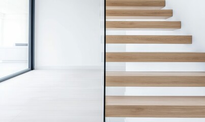 Poster - Elegant wooden staircase with glass railing in a modern, minimalist, bright, and spacious interior.