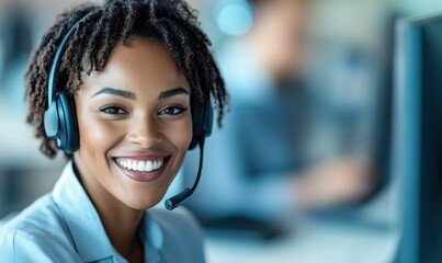 Poster - Smiling customer service representative is ready to assist clients at the call center with a smile.