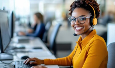 Poster - Smiling customer service representative with headset working in a busy call center.