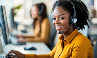 Poster - A friendly call center agent with a headset smiles, ready to provide excellent customer service.